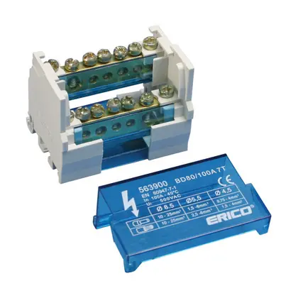 Two Pole Distribution Block, 80/100 A, 1 Line Side & 6 Load Side Connections Original